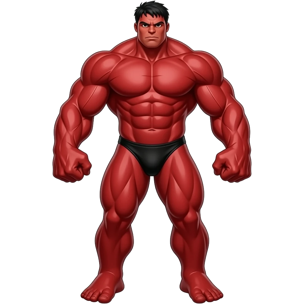 Massive very tall muscular red Hulk in black bikini full body image realistic emoji