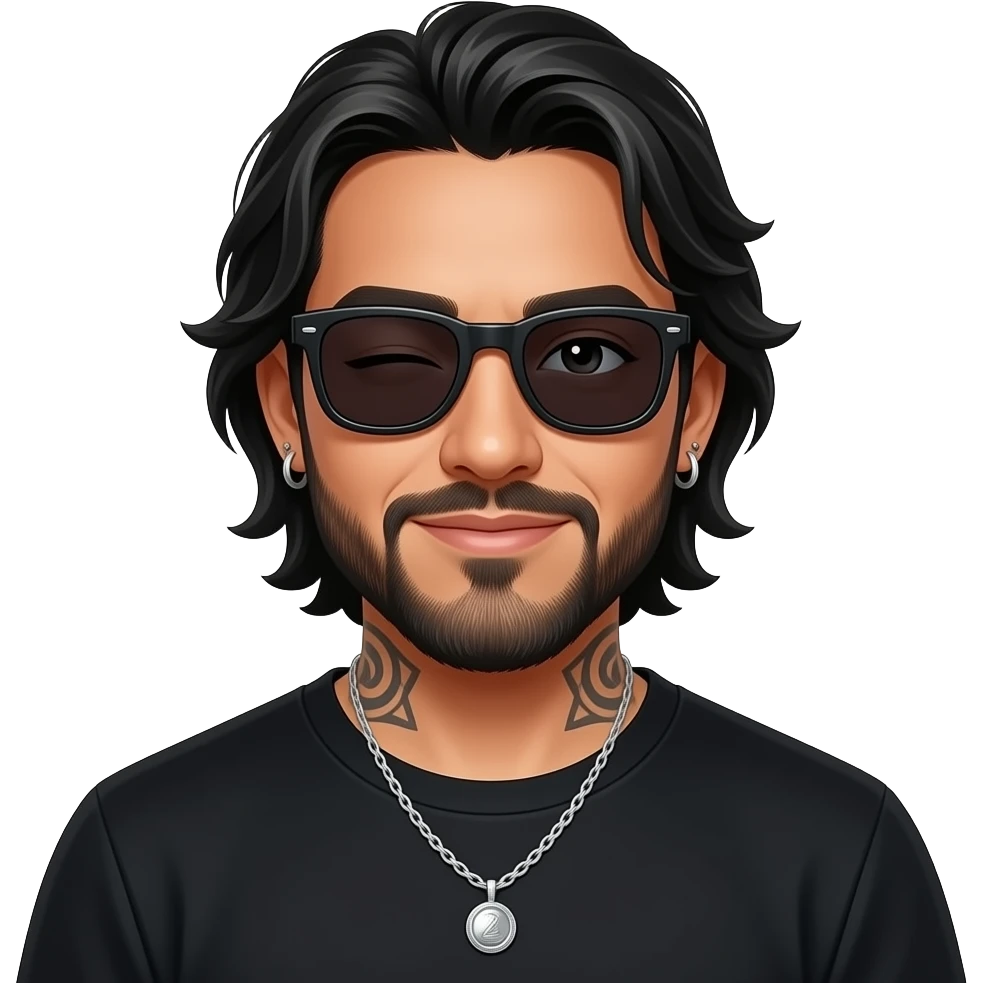 handsome, manly Latino podcast host with black colored eyes wearing black with silver jewelry, with medium length hair, a very long, lightly graying beard and tattoos, his ear pierced and right nostril as well, dark sunglasses. Winks with one eye emoji