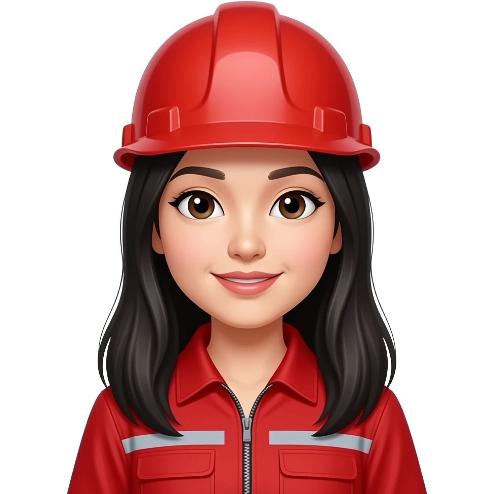 Asian Woman in construction red hat red uniform long hair black emoji