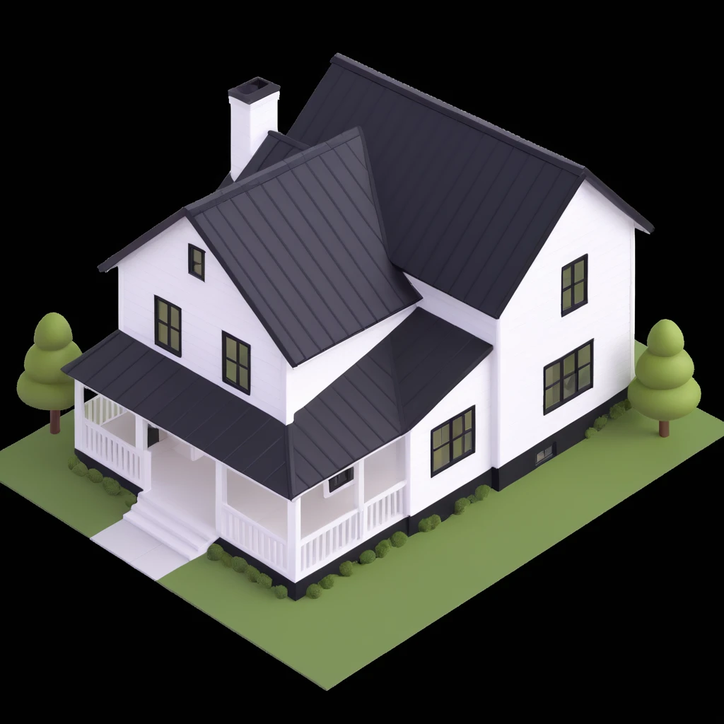 modern farmhouse with white siding, black roof and black trim, isometric exterior view emoji