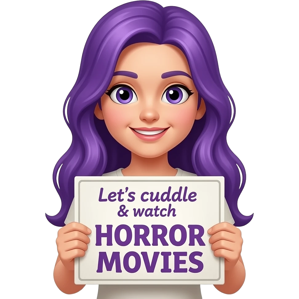 girl with long purple hair holding a Let's cuddle & watch HORROR MOVIES sign emoji