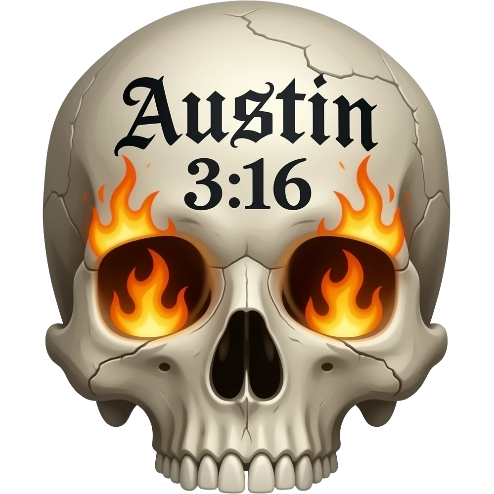A human skull that has aged with the words Austin 3:16 in black ink, eye socket, and nose cavity need flames, words need to be carved in to its forehead in a Gothic font, show cracks, weathering, pieces missing emoji