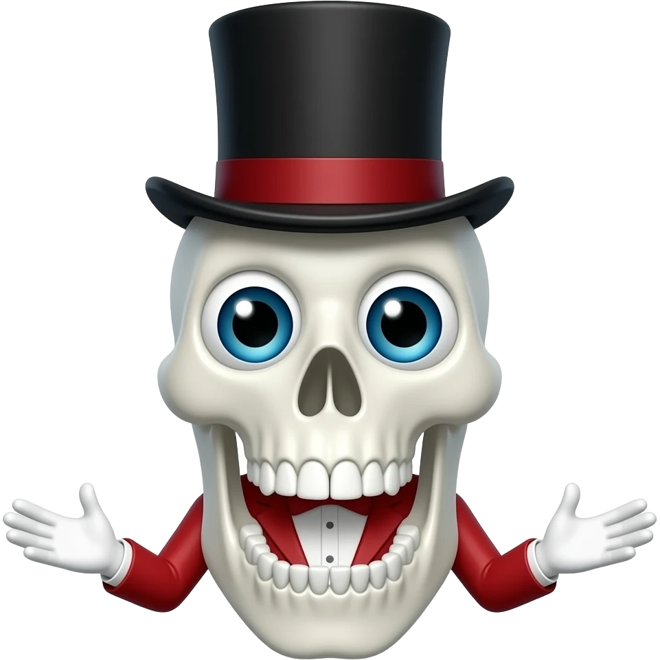 floating set of giant human teeth for a head/mouth round eyes in the middle of both top and bottom jaw, a floating top hat white gloves and wears a red tuxeido emoji