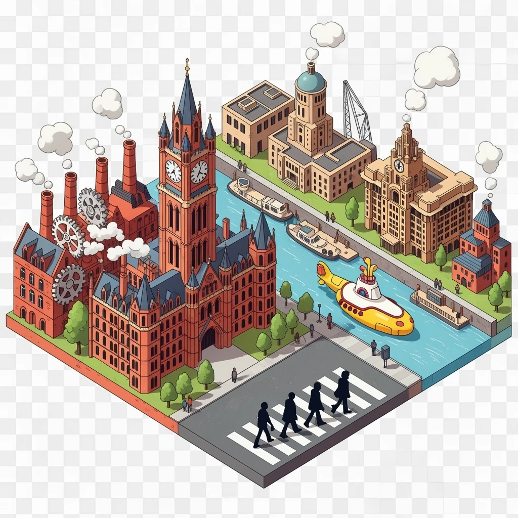 Isometric illustration of Manchester and Liverpool combined, featuring Beatles references (Abbey Road sign), Manchester Town Hall, toy-style factories, balanced between stylized painting and realistic, transparent background emoji