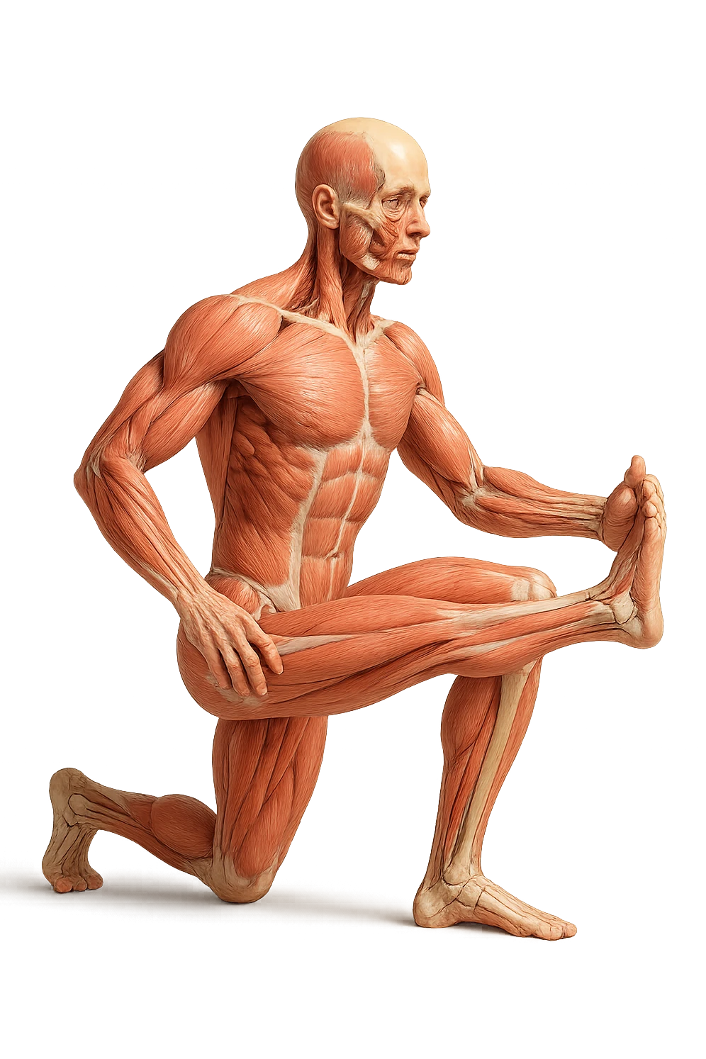 CORPO UMANO ANATOMICO REALISTICO CHE FA UN ESERCIZIO DI MOBILITà ARTICOLARE ALLE GAMBE, IPERREALISTICO 4K emoji