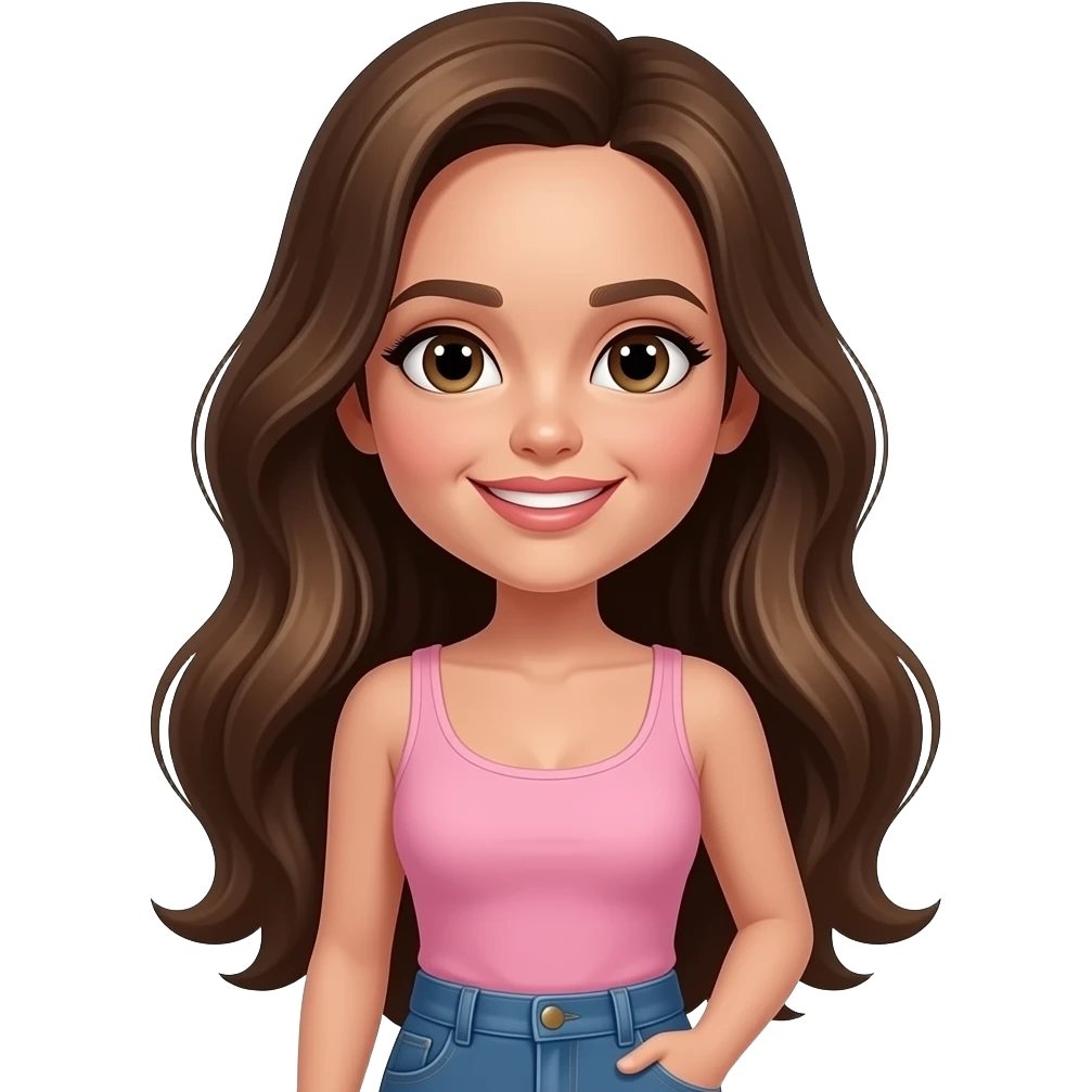 Pretty young girl that looks like Angelina jolie and has dark blonde long thick shiny hair and has a beautiful smile that is seductive but still young and beautiful and is wearing jeans with a pink top emoji
