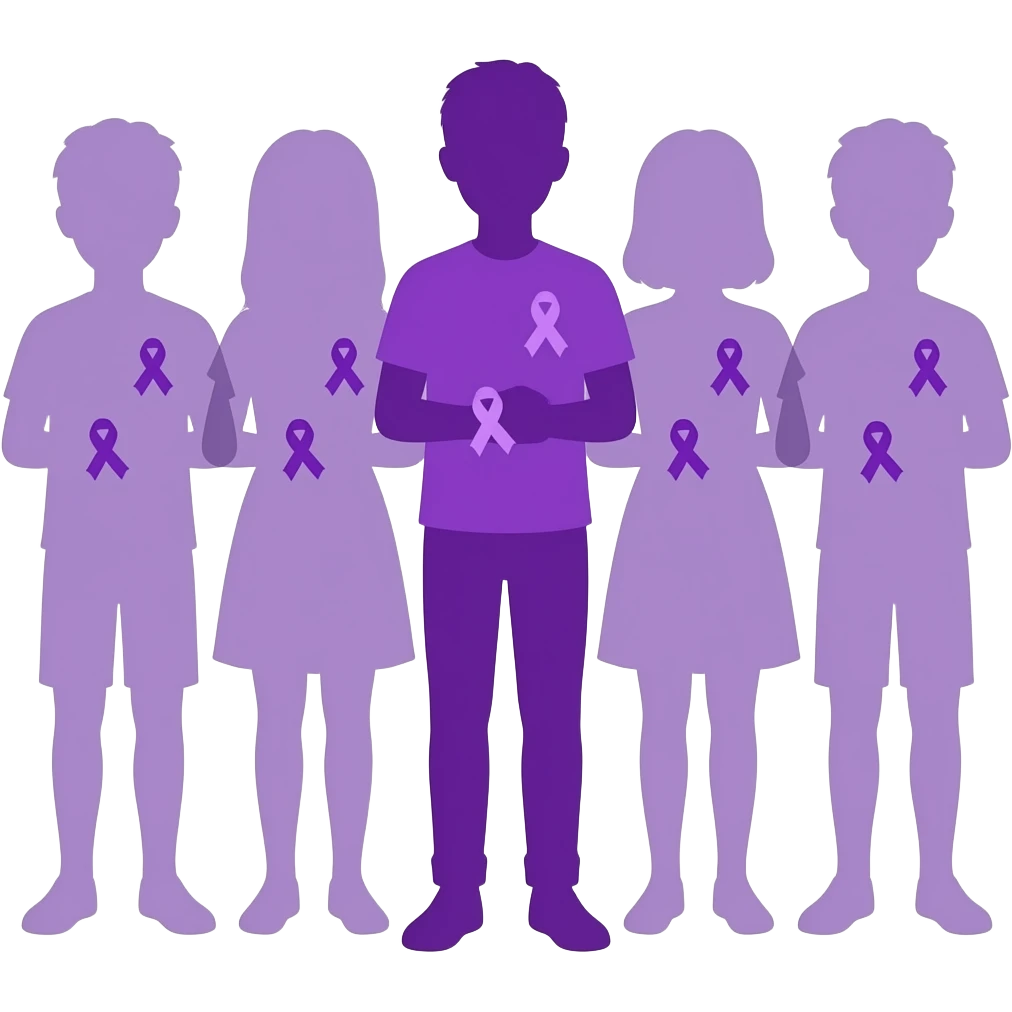 iOS-style emoji: group of human silhouettes (boys and girls) taking a photo, each wearing a small purple ribbon for fibromyalgia awareness, with one silhouette fully purple standing out, soft gradients, cute and minimal, transparent background emoji