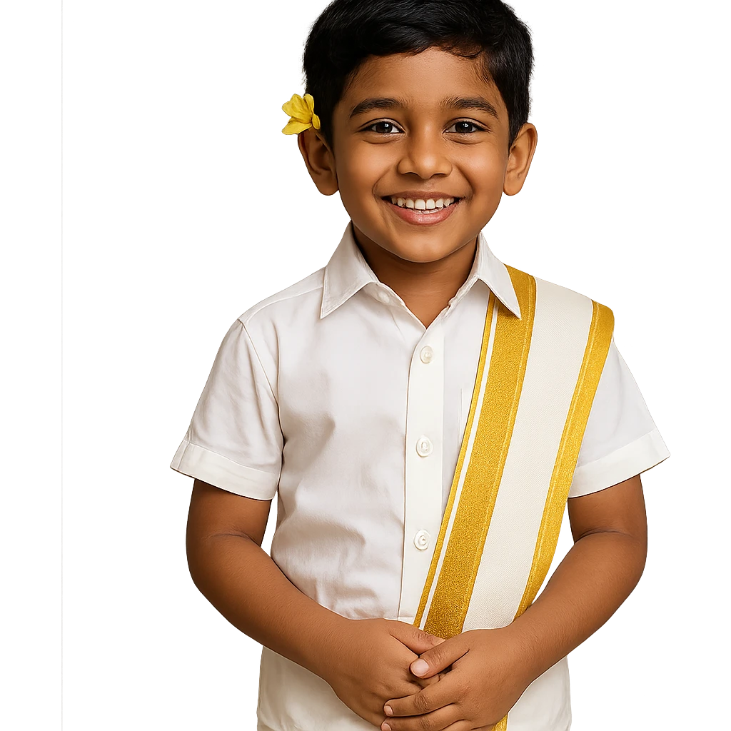 A Tamil boy dressed for a festival, wearing a crisp white veshti, shirt, and a gold-bordered angavastram, with a flower tucked behind his ear, smiling. emoji