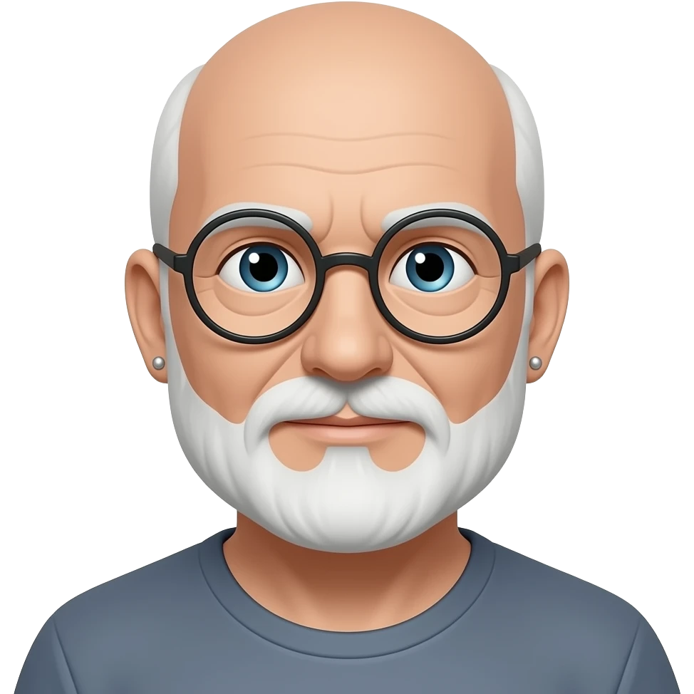 58 years old, white, zero hair, white beard and round glasses, 2 earrings emoji
