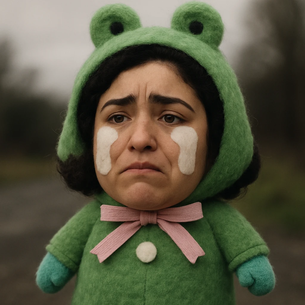 Replace the face of the green-costumed character with the face from the uploaded photo, keeping the plush toy style and the crying expression. emoji