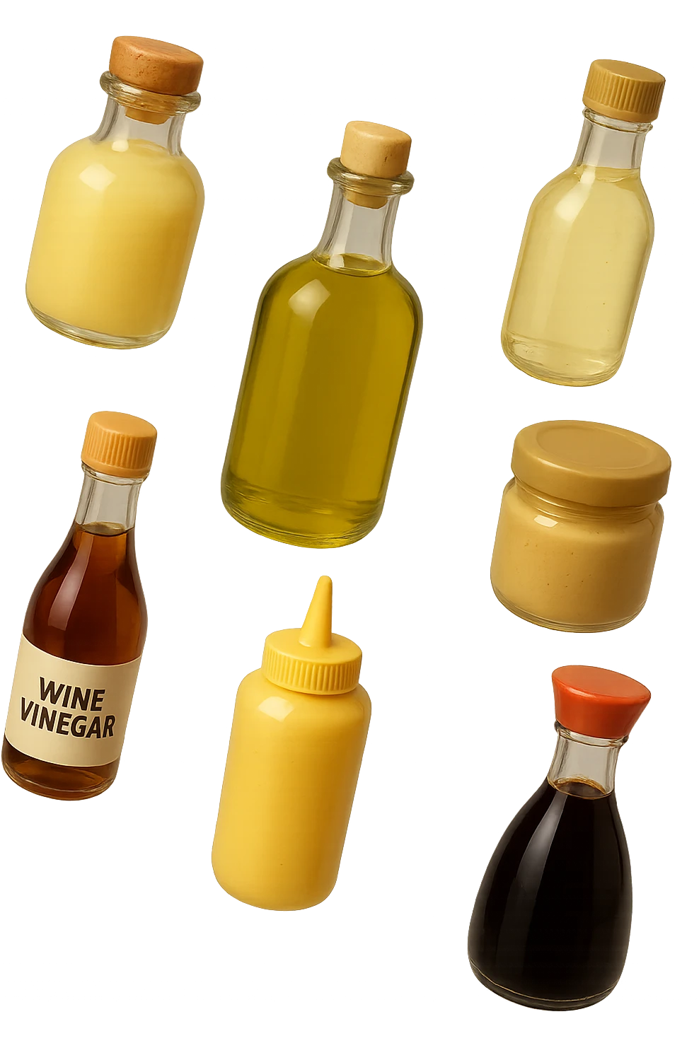 emoji stile iphone 3d di questi elementi che fluttuano in aria sparsi casualmente:

Olio extravergine d’oliva, burro chiarificato
Olio all’aglio (senza pezzetti)
Aceto di vino, aceto di riso, senape, tahin
Salsa di soia fermentata (senza aglio/cipolla)


 che fluttuano sparse casualmente in aria, iperealistico 4k emoji