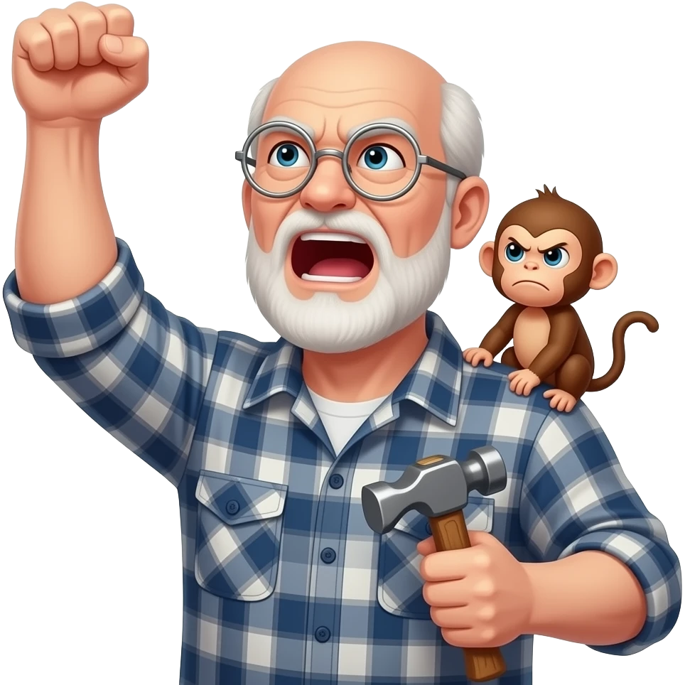 Angry old man with a plaid shirt with silver round glasses balding, NO facial hair yelling at the sky and shaking his fist at the sky holding a hammer in his LEFT hand and a angry baby monkey on his shoulder. emoji