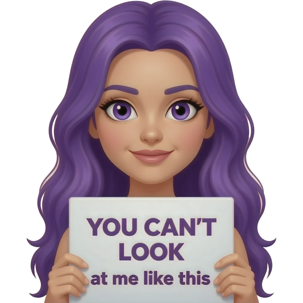 sexy girl with long purple hair and purple eyes holding a YOU CAN'T LOOK at me like this sign emoji
