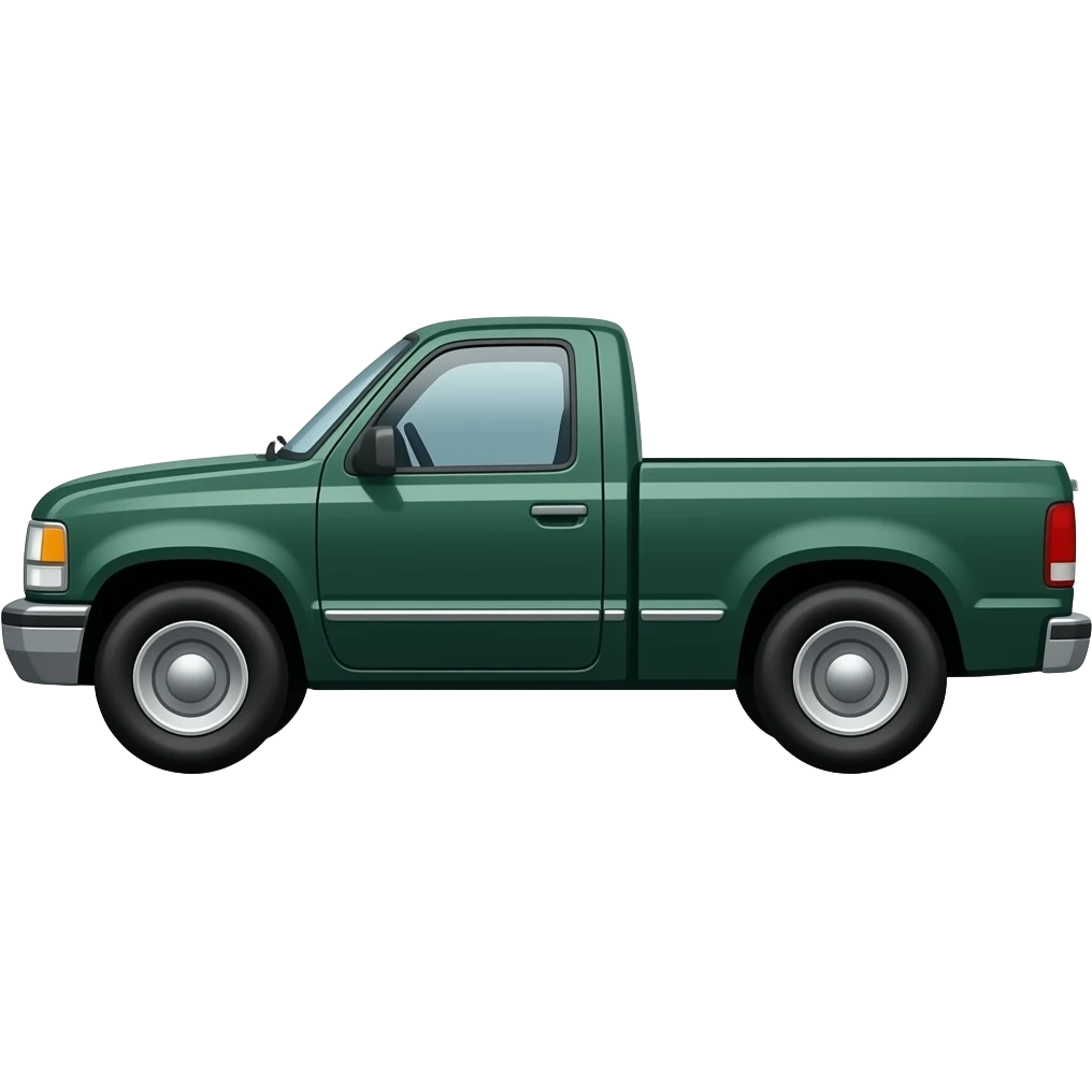 side view of an unlabeled dark-green pickup truck, classic emoji style, left facing emoji