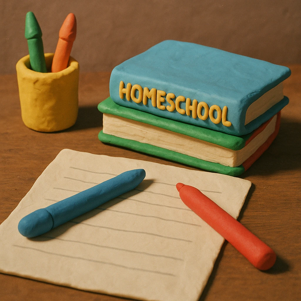 a table with paper, pens, and homeschool books, 3D claymation style emoji
