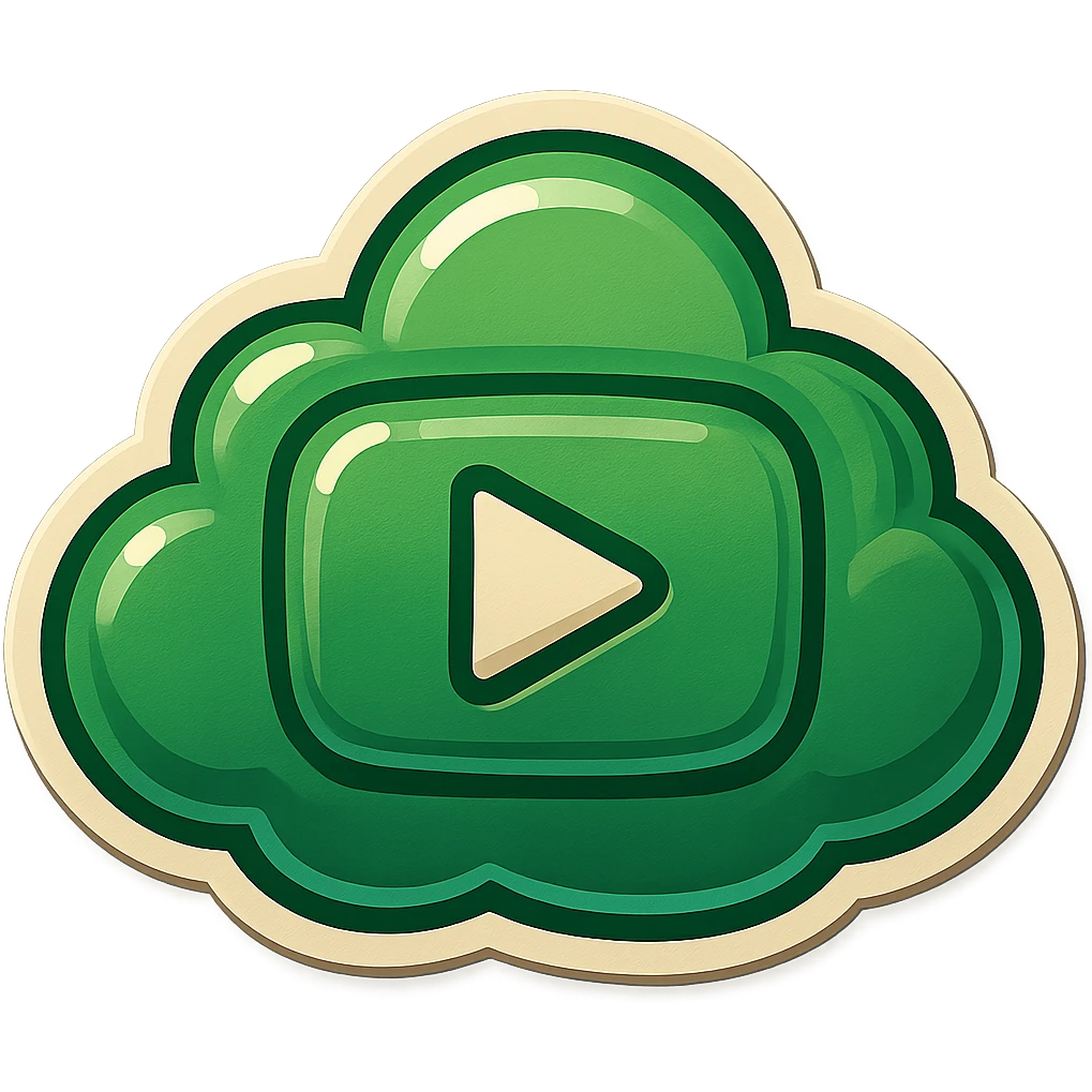 A cloud with a YouTube play button symbol inside it, representing views on YouTube, in a colorful and vibrant emoji style with a green color scheme and a nature background emoji
