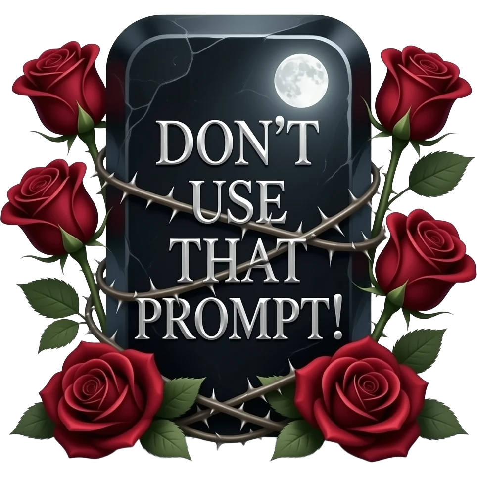 A heavy obsidian table bar text 'DON'T USE THAT PROMPT!' with silver filigree engraving. Deep red velvet roses with thorny stems wrap over the letter. Glowing moonlight effect, dark and moody atmosphere, deep glowing emoji