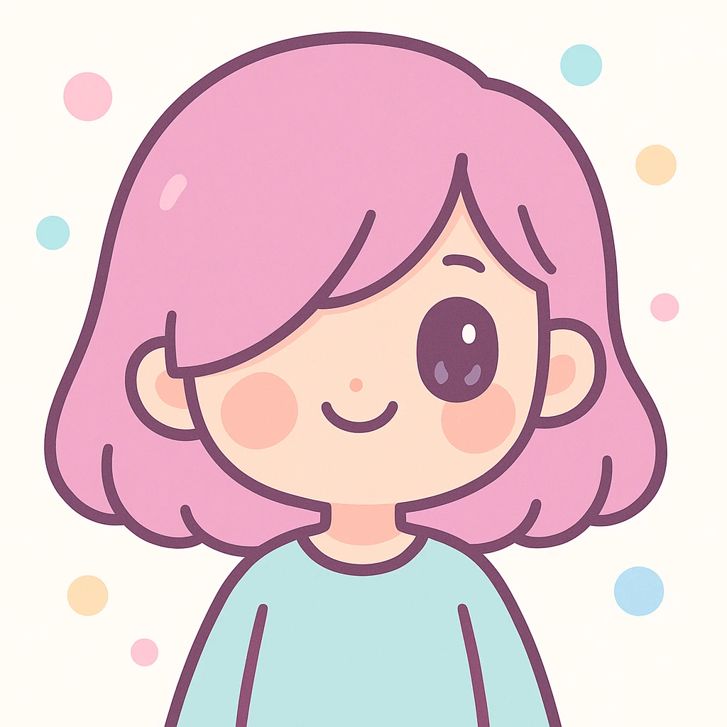 a cheerful girl with side-swept bangs hiding one eye, modern cartoon style, smiling emoji
