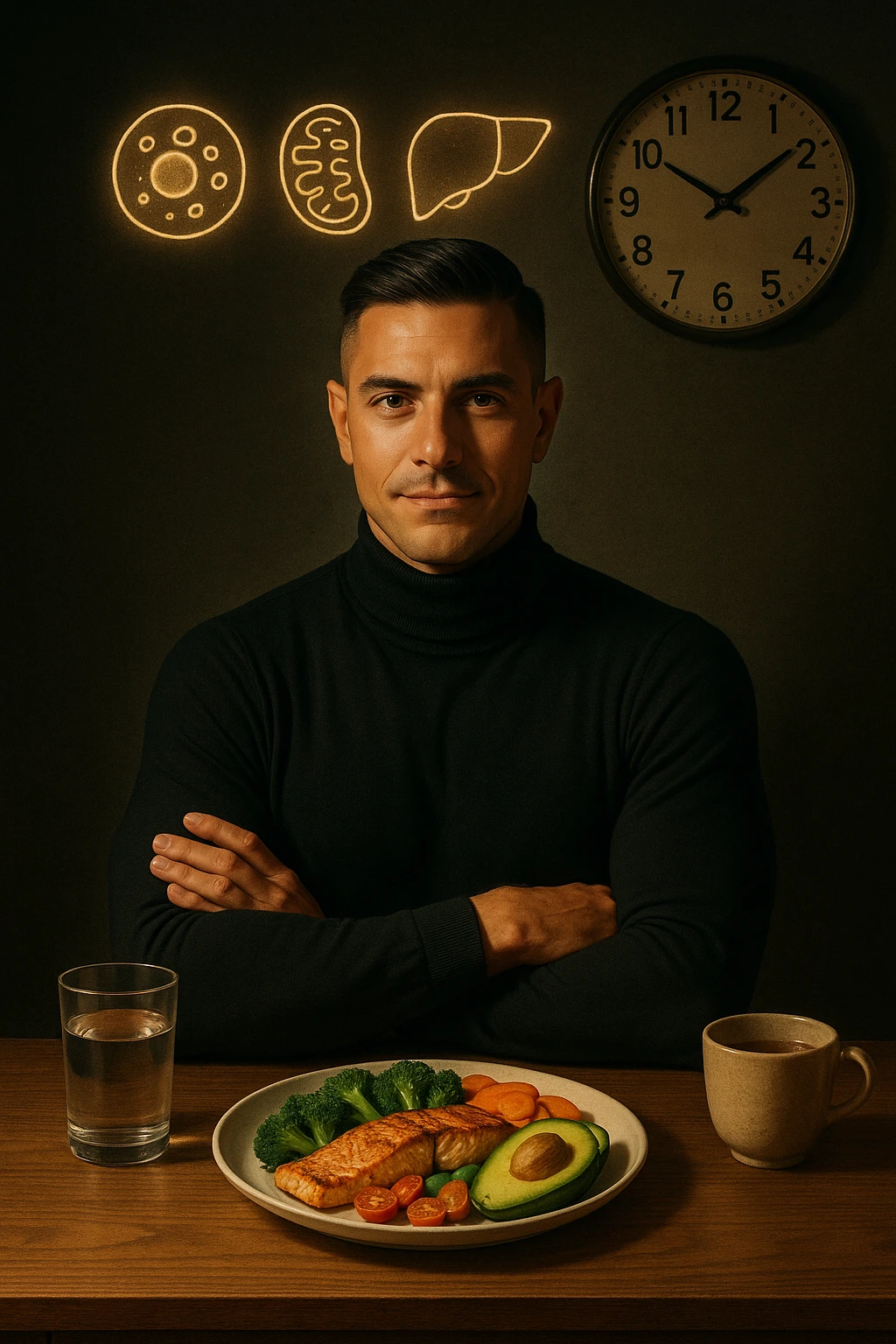 A realistic, cinematic illustration of a healthy, fit man in his early 30s with a calm, disciplined expression, sitting at a clean wooden table in the evening with a single, balanced, nutrient-dense meal in front of him (grilled salmon, colorful vegetables, avocado). The rest of the day he drinks only water and herbal tea, visible in a glass and a simple cup on the side. A wall clock in the background shows 6:00 PM, emphasizing that this is his only meal of the day (OMAD). Subtle glowing icons above him display a regenerating cell, mitochondria, and a liver symbol, representing autophagy, longevity, and health benefits of OMAD. The lighting is warm, with cinematic shadows and natural tones, creating a sense of discipline, mental clarity, and health optimization. The man looks centered and content, showing that OMAD is a conscious choice for energy and regeneration, not restrizione. The scene is realistic with slight film grain for depth emoji