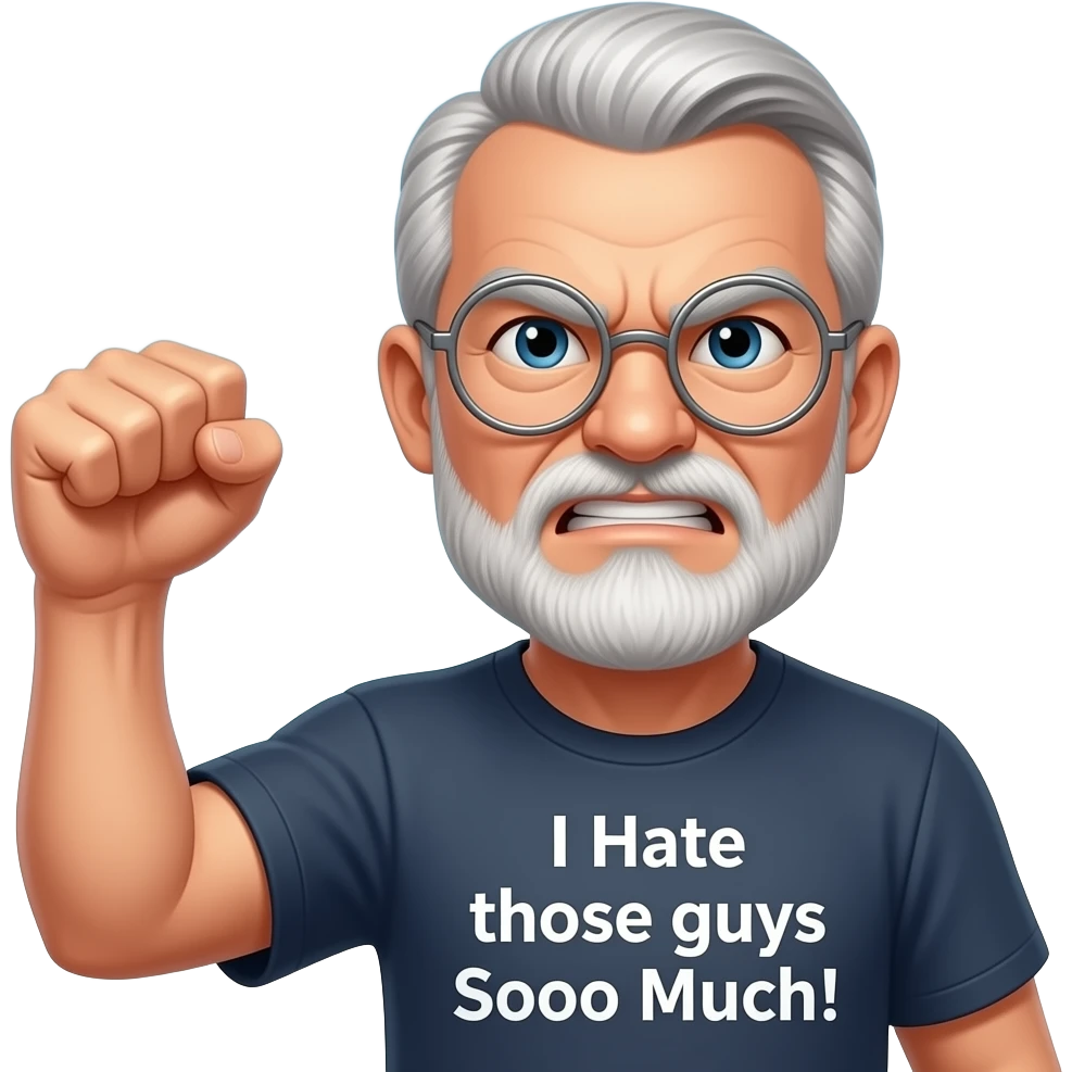 Angry old man with bushy eyebrows with silver round glasses shaking his clentched fist at the sky with an "I Hate those guys Soooo Much ! t-shirt emoji