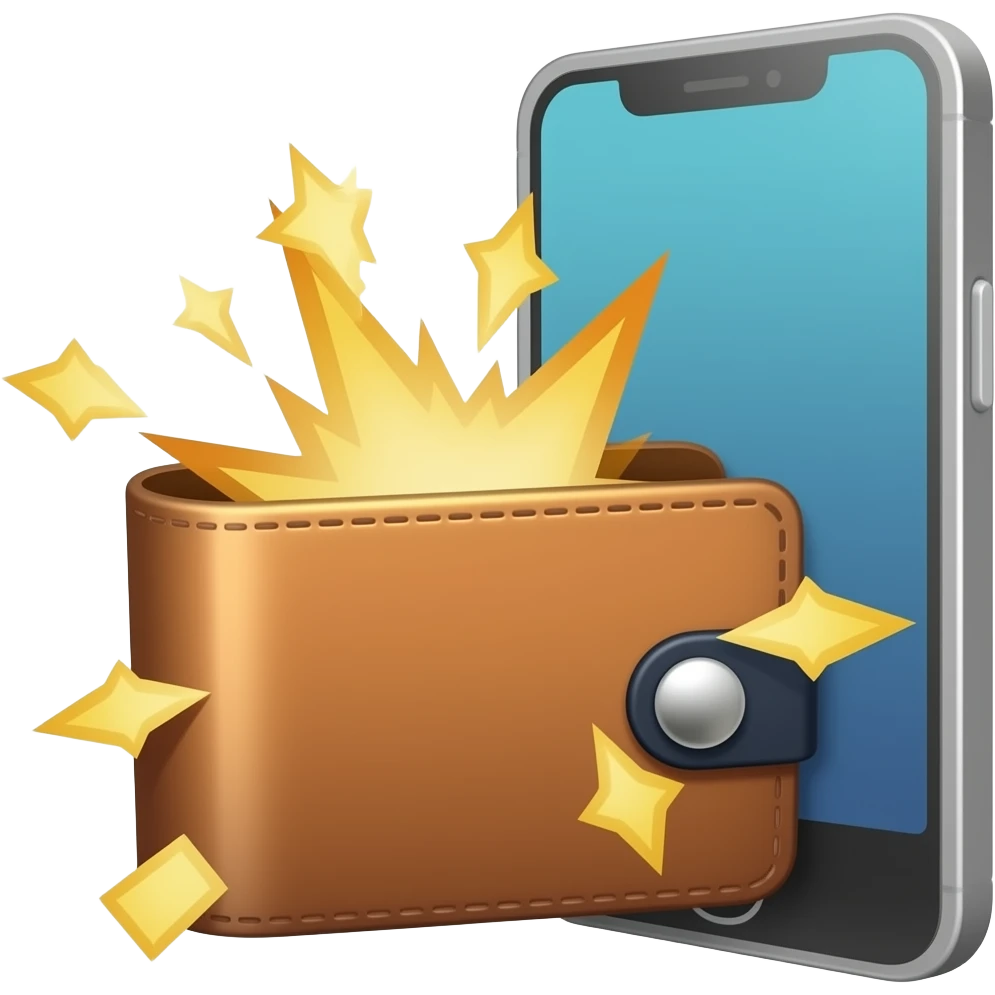 Цифровой рубль: Изобрази кошелек в телефоне, из которого вылетают искорки-пиксели. emoji