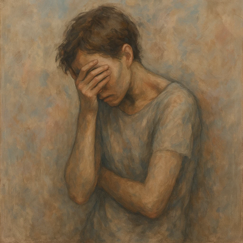 the concept of shame, interpreted visually, emotional expression, body language, subtle colors, abstract background emoji