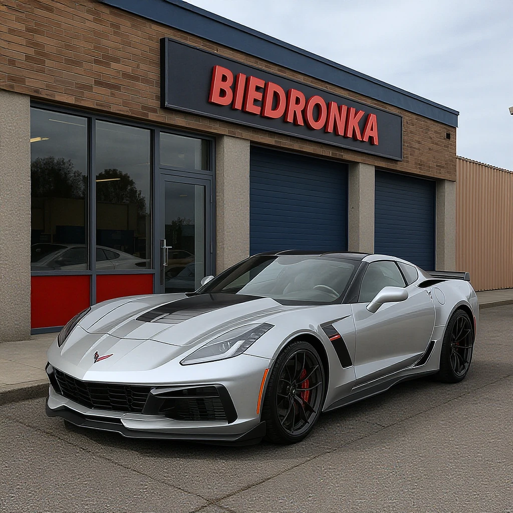 Photo of a Corvette Z06 silver parked next to polish shop "biedronka" emoji