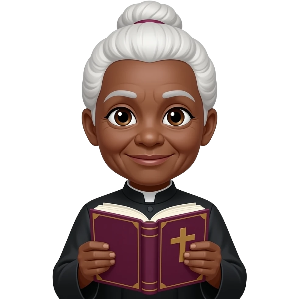 wise old woman with white hair in a bun black skin with burgundy book that has a cross on it emoji