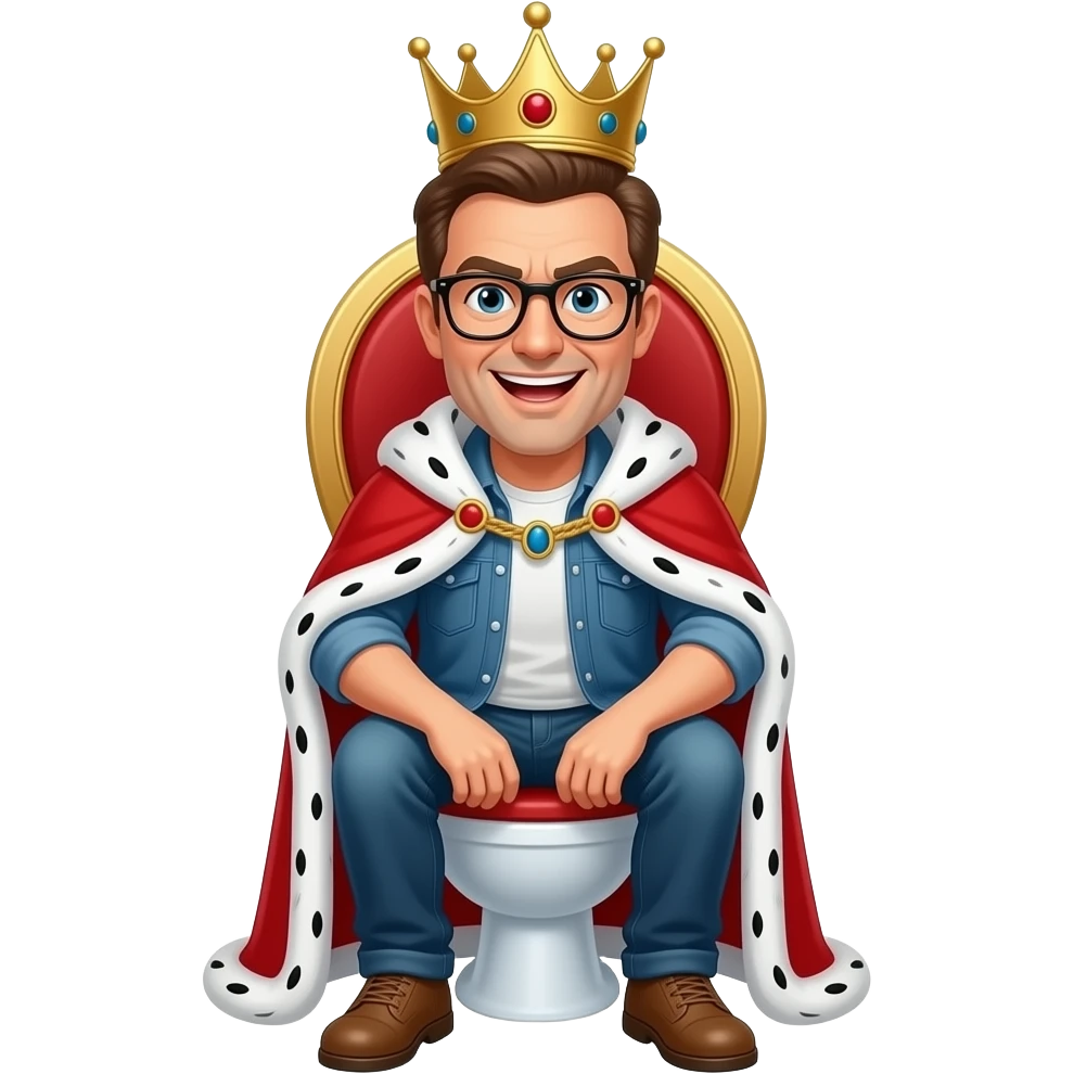 A 55 year-old Caucasian man with brown hair and wearing fashionable glasses has a crown on his head and sits on a toilet as if he’s sitting on his throne a man wears casual clothes and his half grimacing and half laughing or smiling emoji