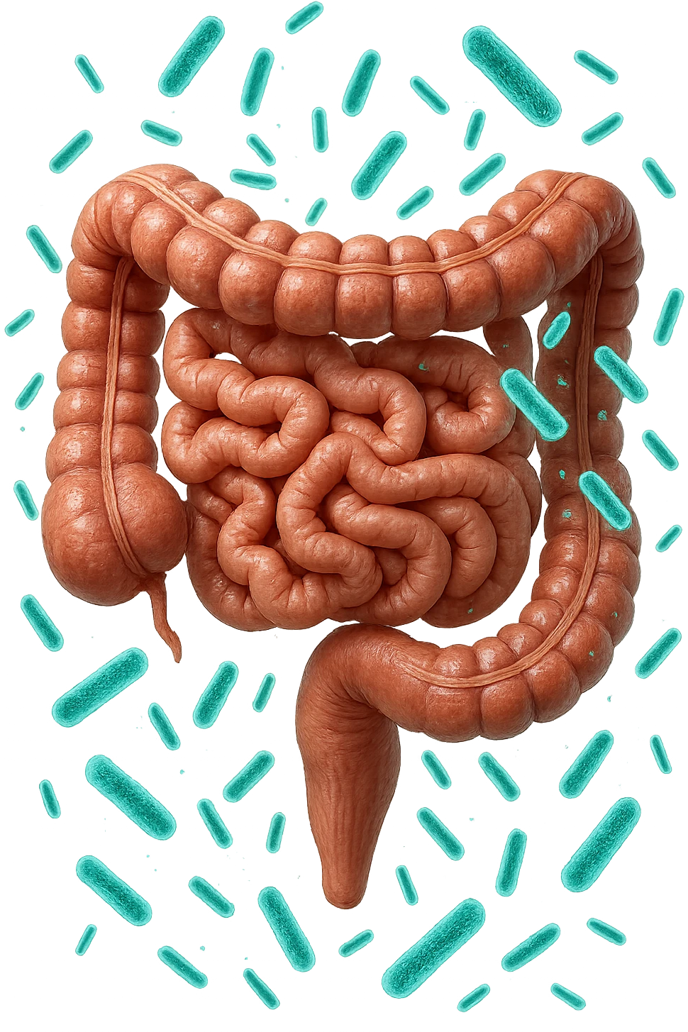 intestino umano anatomico realistico con batteri intestinali turchesi che fluttuano intorno, IPERREALISTICA 4K emoji