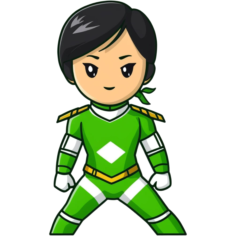 wasian girl in a green Power Ranger suit, black straight hair, black eyes emoji