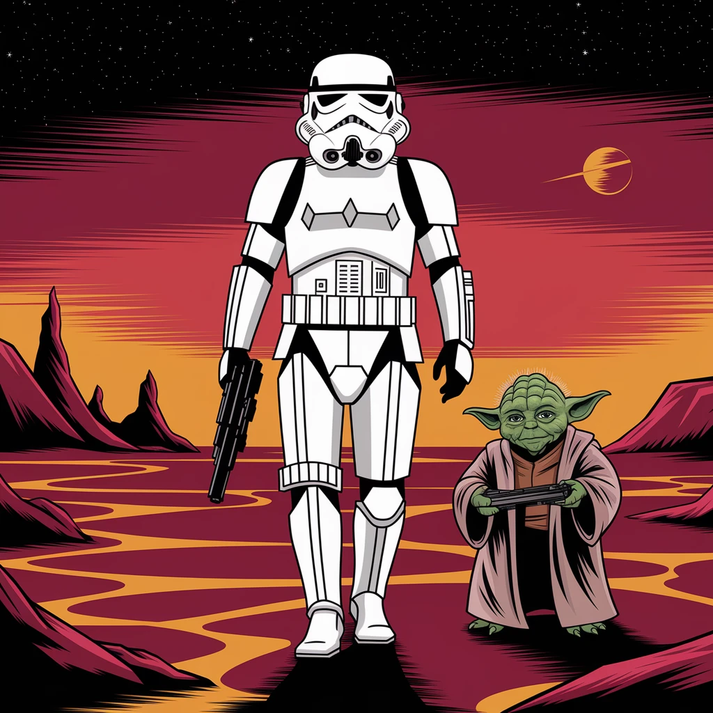 vector art of a Starwars stormtroopers is walking on lava planet with yoda, battleground background 
 emoji