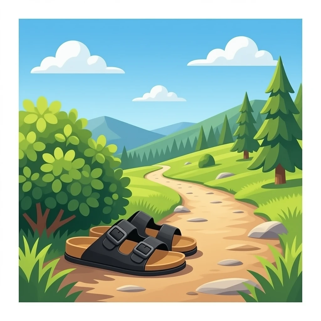 Black Birkenstocks peering out from under a lush green bush near a hiking trail emoji