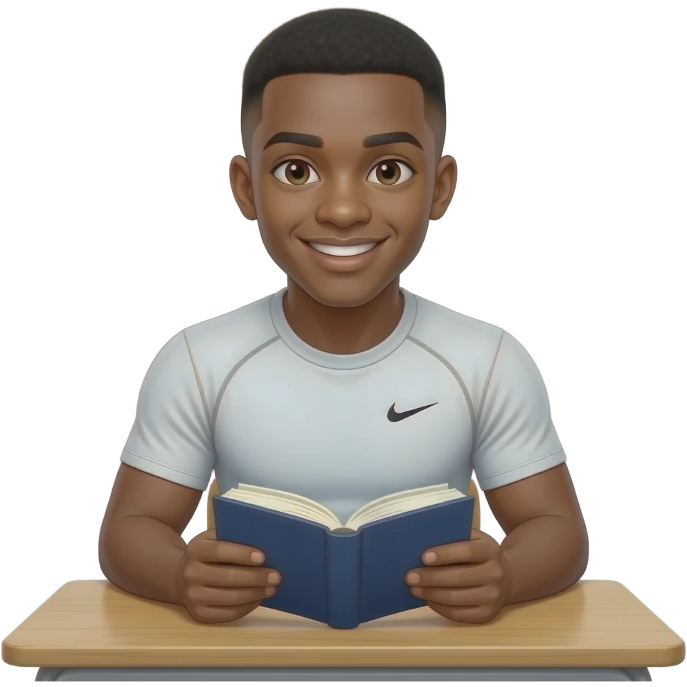 make a 20 year old man black skinned low taper fade in a white nike compression shirt sitting at a table of 4 at school and he is reading his book and looking uo at me smiling and his eyes are shining emoji