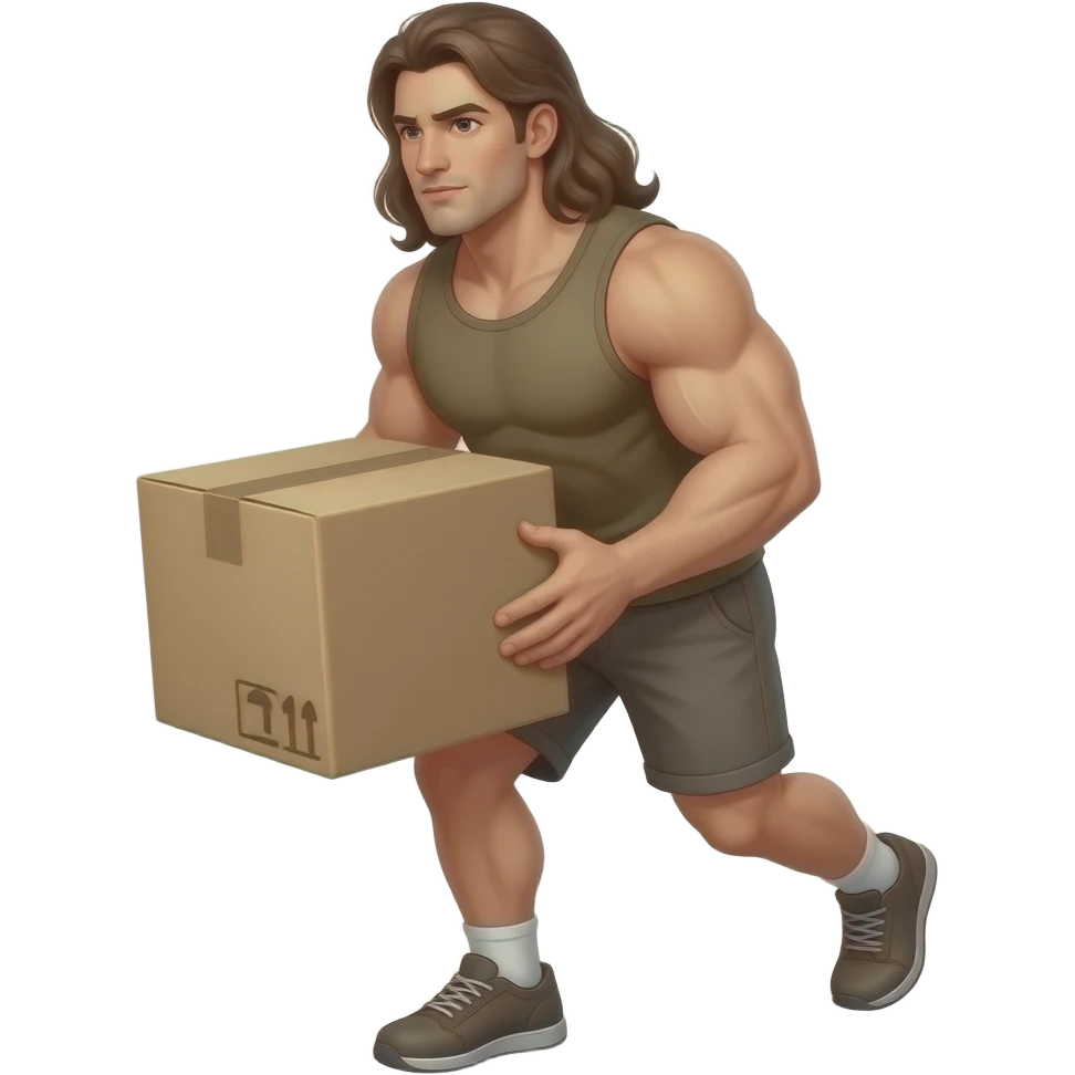 muscular shirtless man with very long hair, moving box emoji