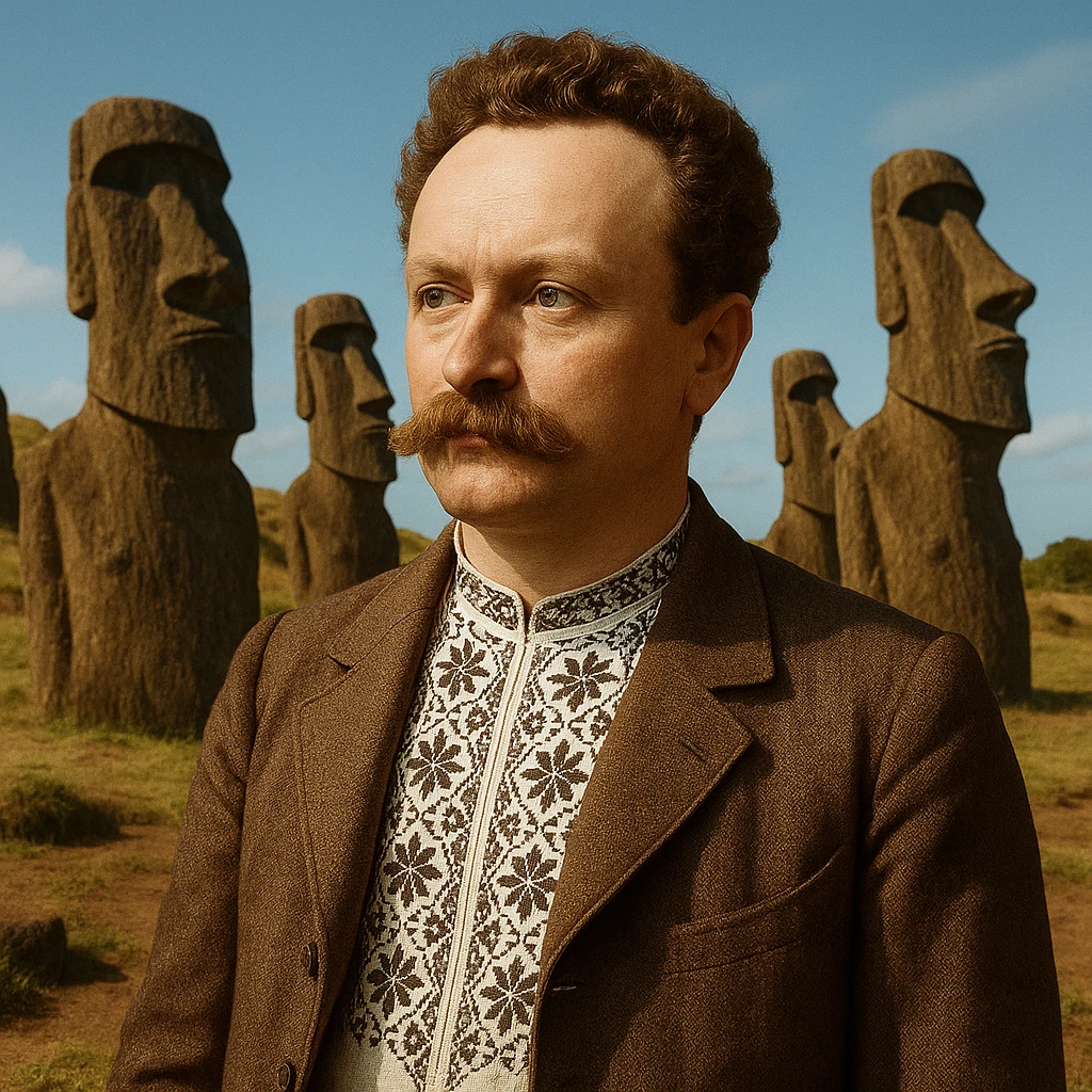 against the backdrop of statues on Easter Island emoji