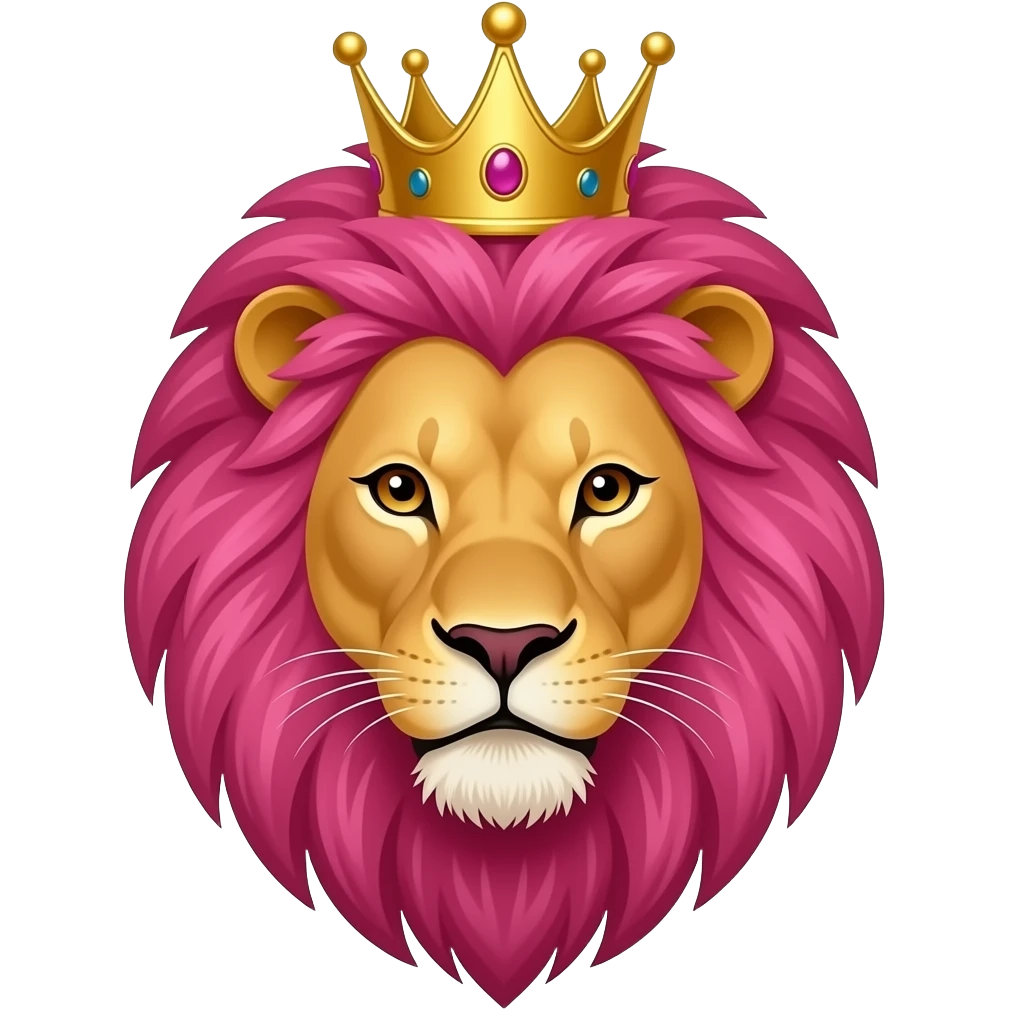 lion with pink hair and crown, face front emoji