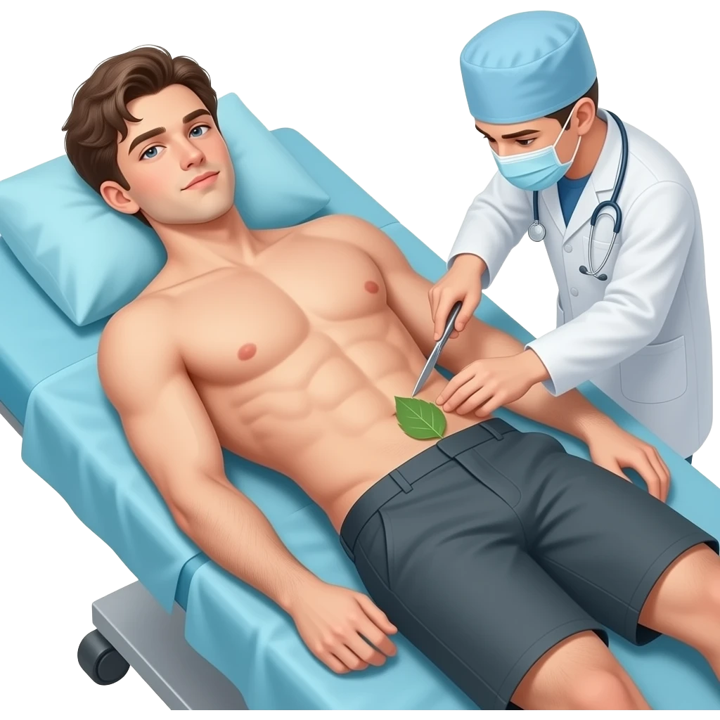 A guy about 23 years old, handsome, full-length, completely naked, has six-pack abs, his genitals are covered by a leaf , He has natural body hair on his arms, legs, and a faint line of hair below his navel. He lies in operating table . The surgeon uses a scalpel to make a cut in guy stomach. emoji