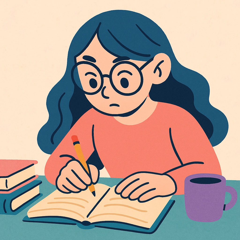 a studious girl with long hair and glasses, working intently, soft pastel illustration style emoji