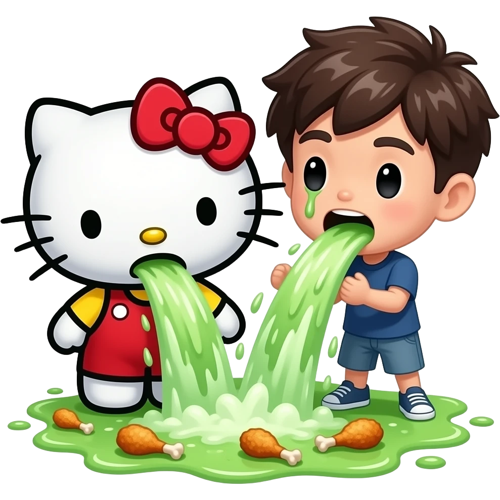 green and white, throwing up, Hello Kitty and Gen Z boy throwing up together, a lot, covering the ground in vomit, Niagara Falls coming out of her mouth, with bits of food in it, fried chicken drumsticks emoji