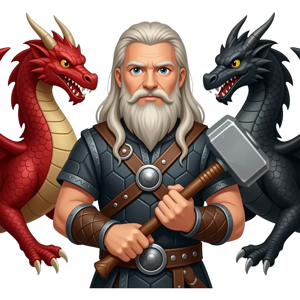 un viking aux cheveux long et une barbe moyenne argenté avec un marteau à deux main sur lequel repose ses deux mains. Ce viking est entre deux dragons, l'un est rouge et l'autre est noir . emoji