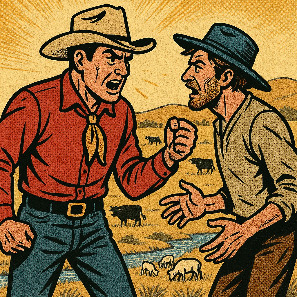 The full bodies of a wealthy male cattle ranch owner wearing a cowboy hat in a heated argument with a homesteader in the American West.  The background shows land with grazing cattle and sheep with a small stream. emoji