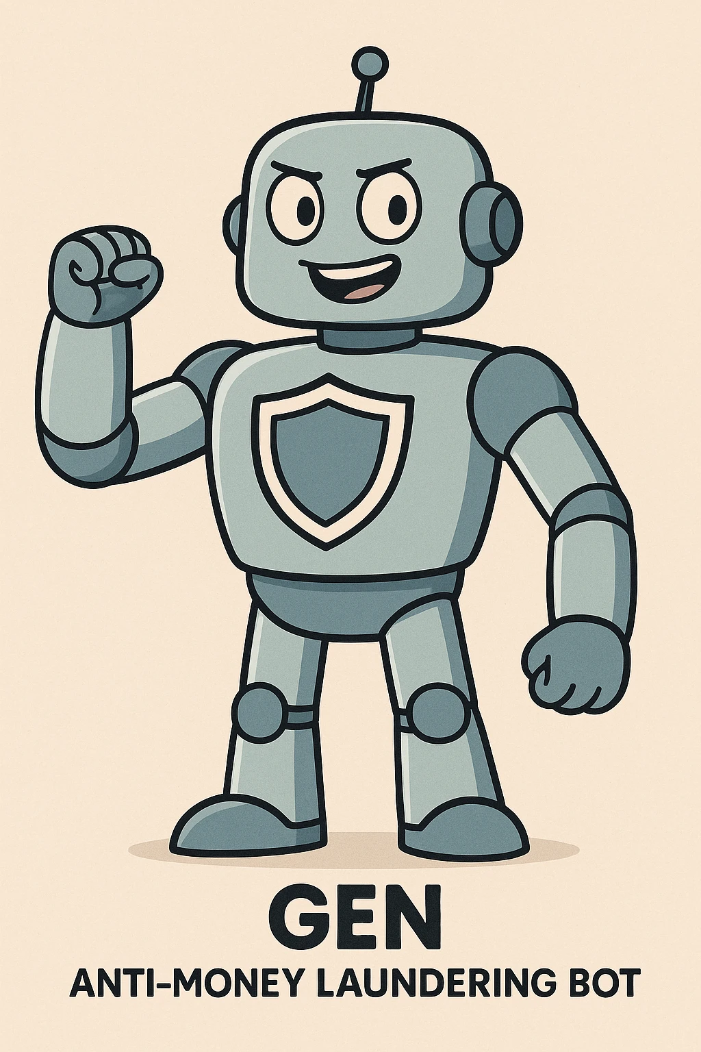 friendly robot named Gen designed as an anti-money laundering bot with a shield symbol and a determined expression representing the fight against terrorism and bad actors in a modern approachable style emoji
