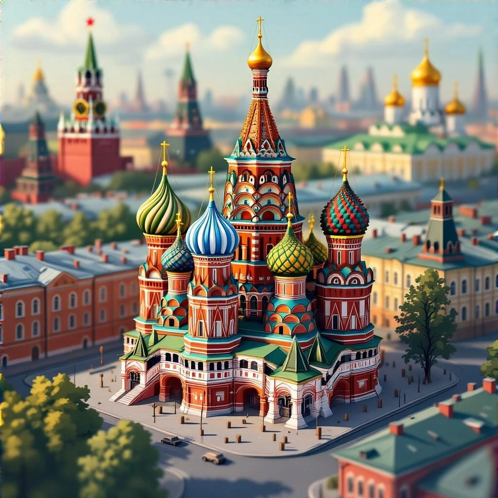 Isometric illustration of Moscow, featuring photorealistic Saint Basil's Cathedral with colorful onion domes, hand-drawn painterly details, subtle texture on bricks and roofs, realistic shadows and soft lighting, muted yet vivid color palette, diorama miniature effect. emoji