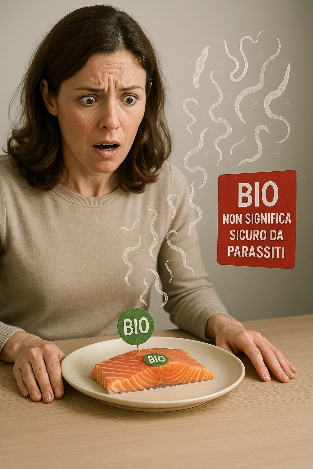 Donna tra i 30 e i 40 anni, seduta a tavola con espressione sorpresa e preoccupata mentre guarda un piatto elegante di salmone crudo etichettato 'BIO'. In trasparenza sopra il salmone si vedono parassiti intestinali stilizzati, come larve o vermi sottili, fluttuanti nell’aria. Accanto al piatto, una scritta fluttuante in stile etichetta rossa avverte: 'BIO non significa sicuro da parassiti'. Atmosfera visivamente pulita ma con tensione sottile, colori realistici con accento sul contrasto tra immagine 'salutare' e minaccia invisibile emoji