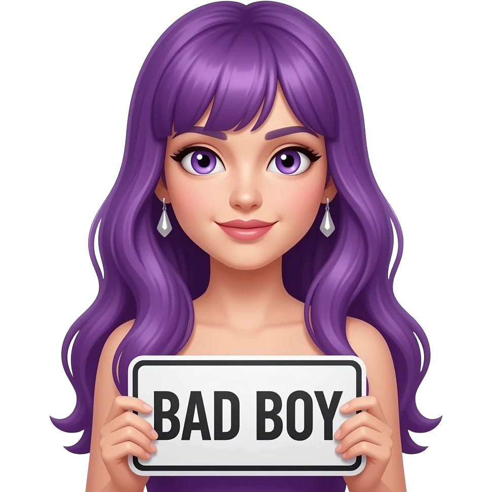 sexy girl with long purple hair and purple eyes wearing a dress holding a BAD BOY sign emoji