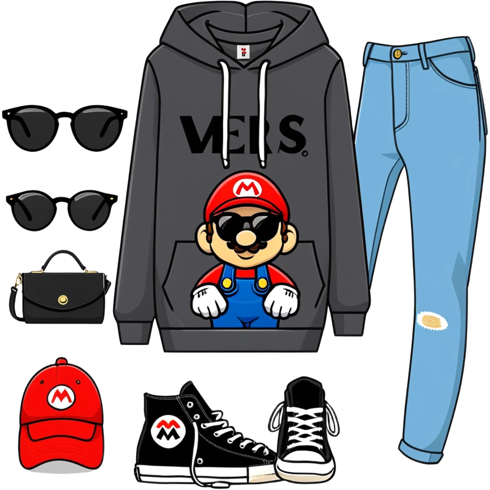 chico vestido de negro con sudadera con logotipo de super Mario pantalón negro jeans Levi's tenis negro converse gafas ray-ban fotogray audífonos Sony emoji