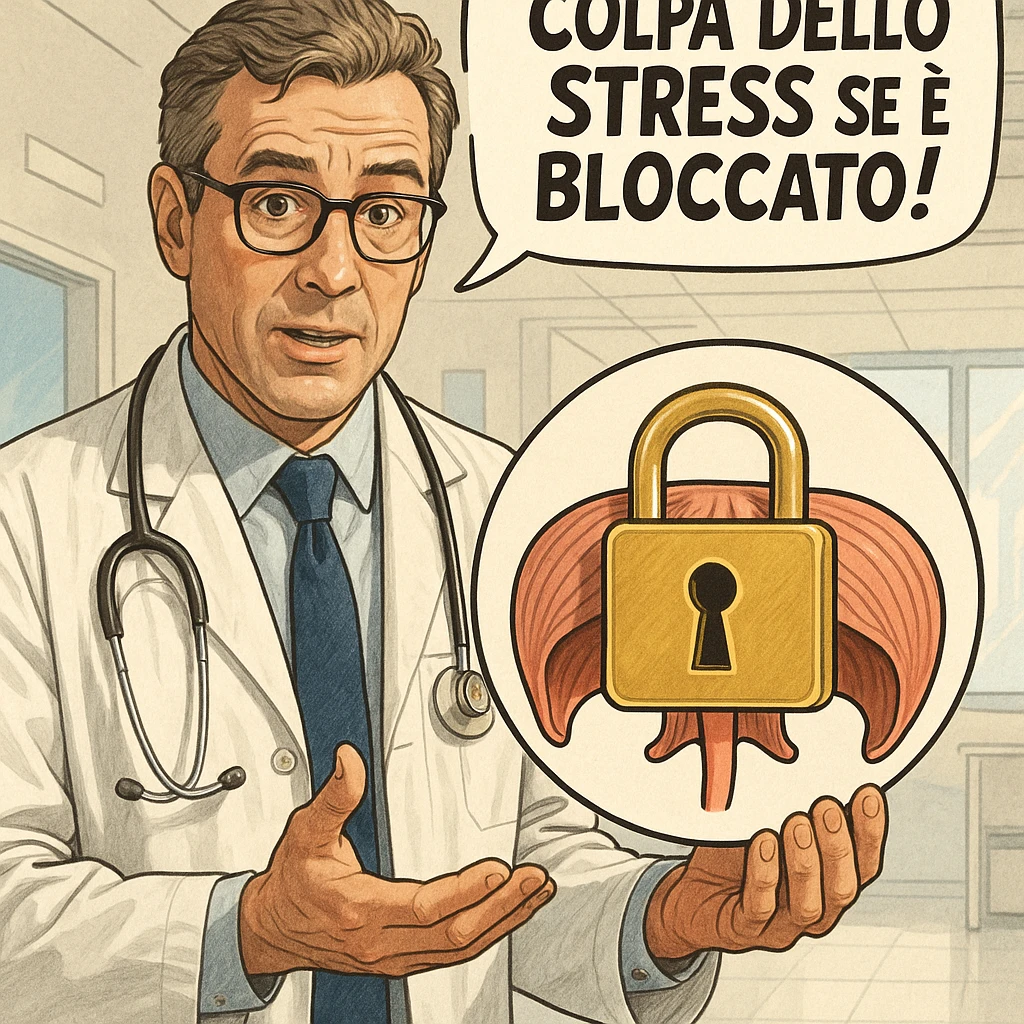 hyper realistic doctor holding a stylized diaphragm with a large padlock, explanatory expression, comic style with the phrase 'Colpa dello stress se è bloccato!', realistic details, bright clinical atmosphere emoji
