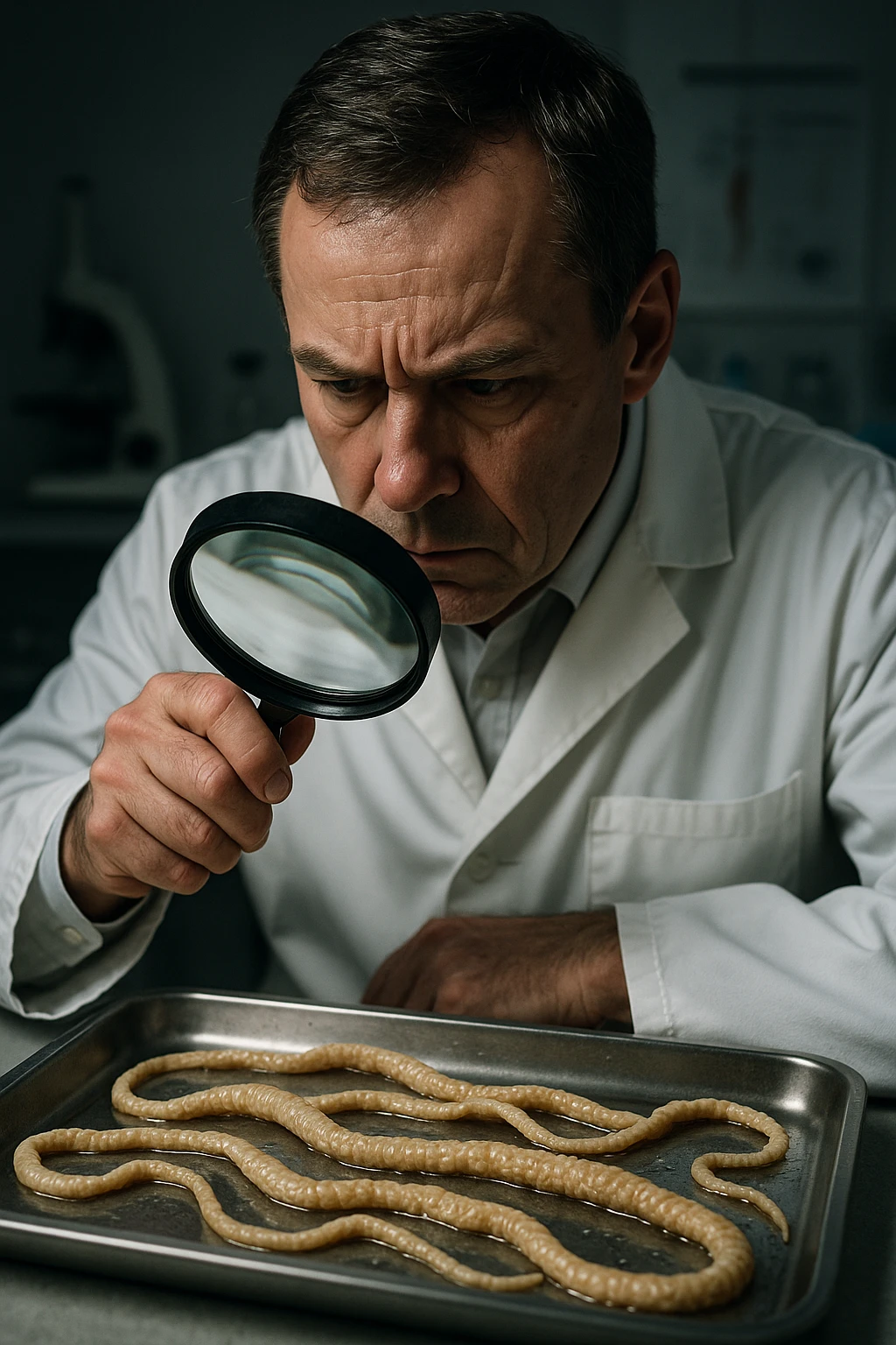 A middle-aged male kinesiologist wearing a pristine white lab coat, intensely analyzing long, beige tapeworms (like Taenia) under a magnifying glass. His expression is focused and slightly concerned, with dramatic studio lighting casting sharp shadows. The parasites are highly detailed, moist, and textured, stretched across a sterile metal tray. The background is blurred but suggests a clinical environment—hints of a microscope, medical charts, and clean lab equipment. The style is hyper-realistic, with a cinematic contrast between the bright white coat and the grotesque, organic forms of the parasites. No sci-fi elements, just raw medical realism with a disturbing edge emoji