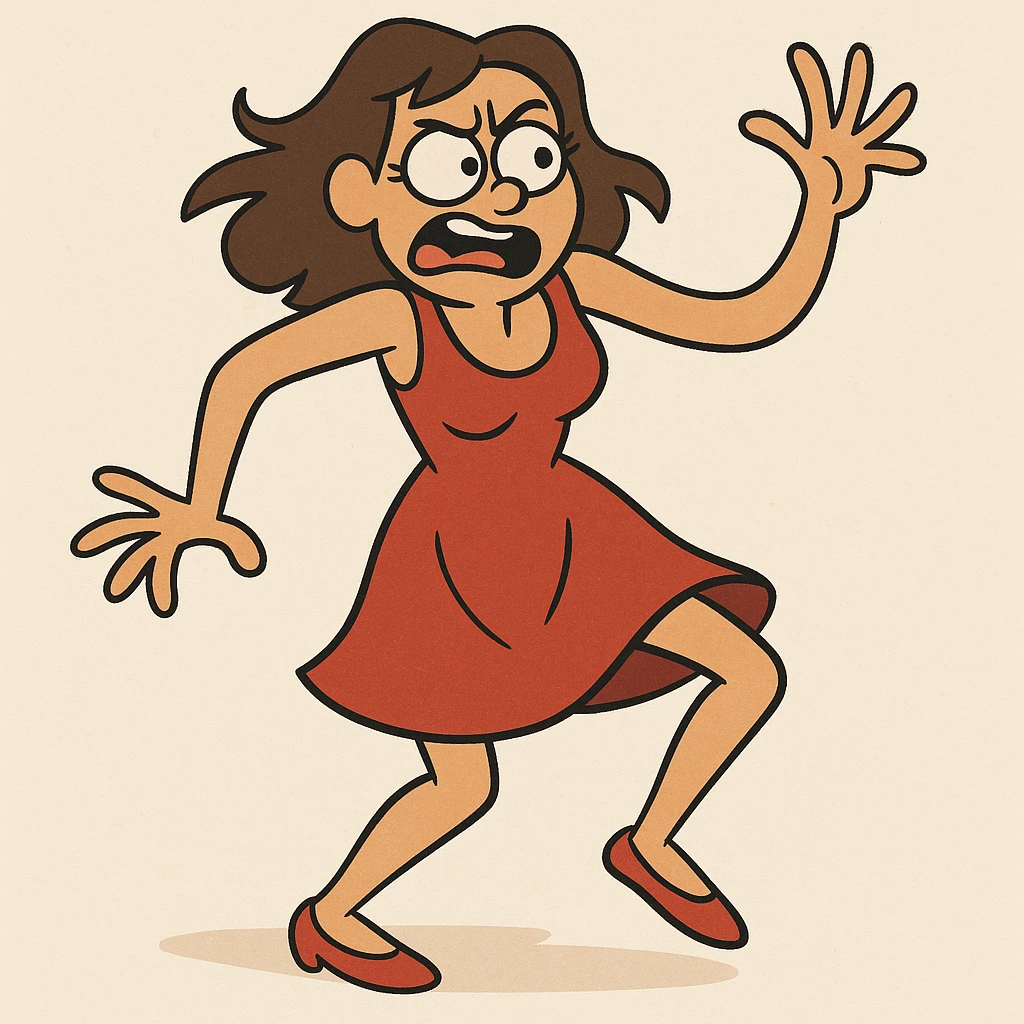 woman in a red dress dancing off-beat, playful, energetic, minimal background emoji